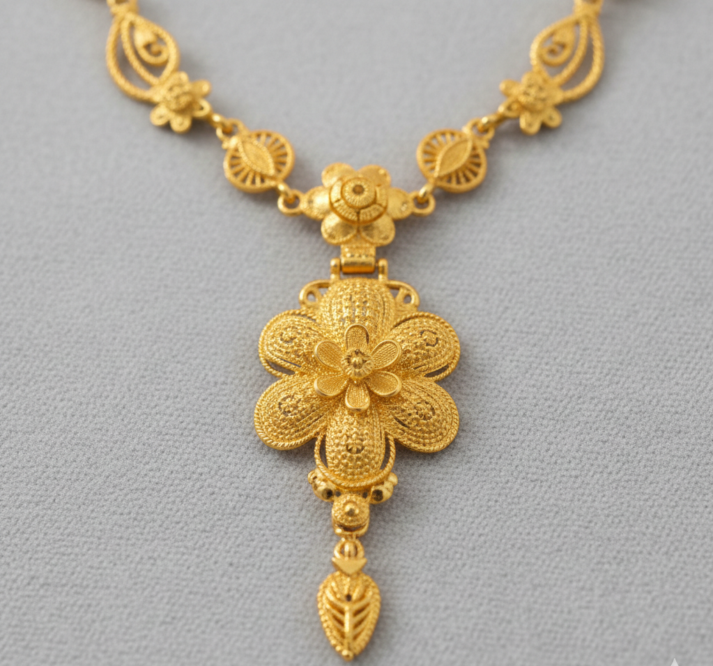 Traditional Gold Plated Har Set with Floral Drop Pendant & Earrings for Wedding Wear