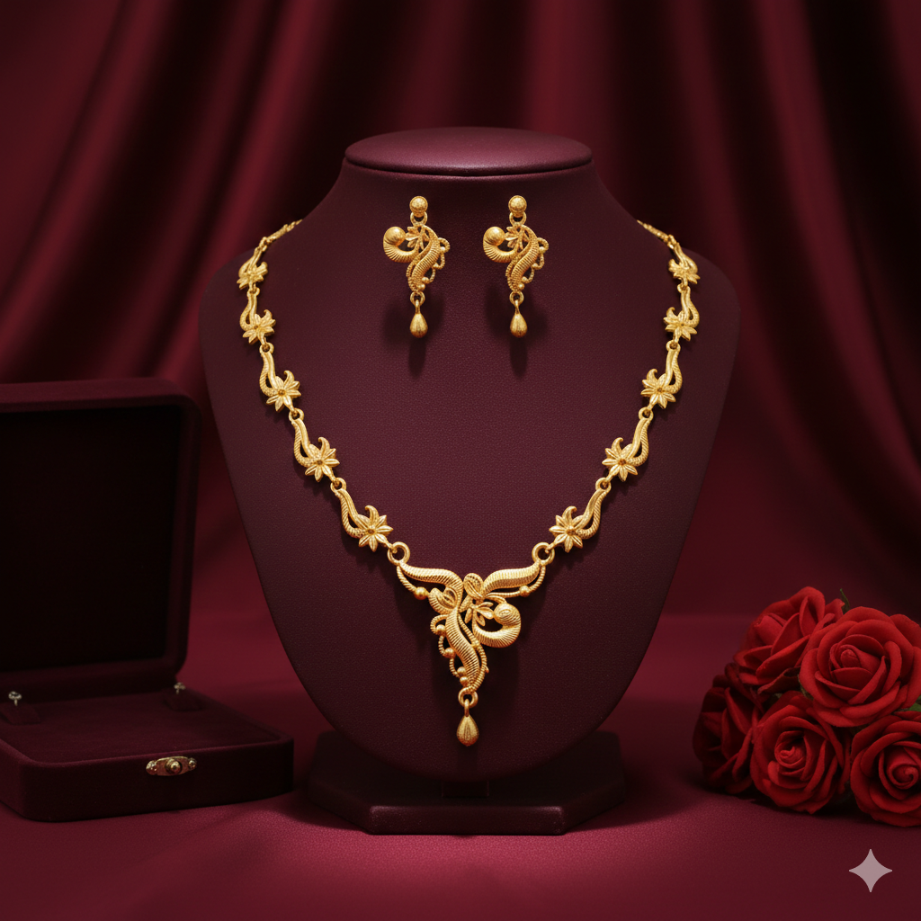 Gold Plated Floral Chain Har Necklace Set with Paisley Center Drop & Earrings