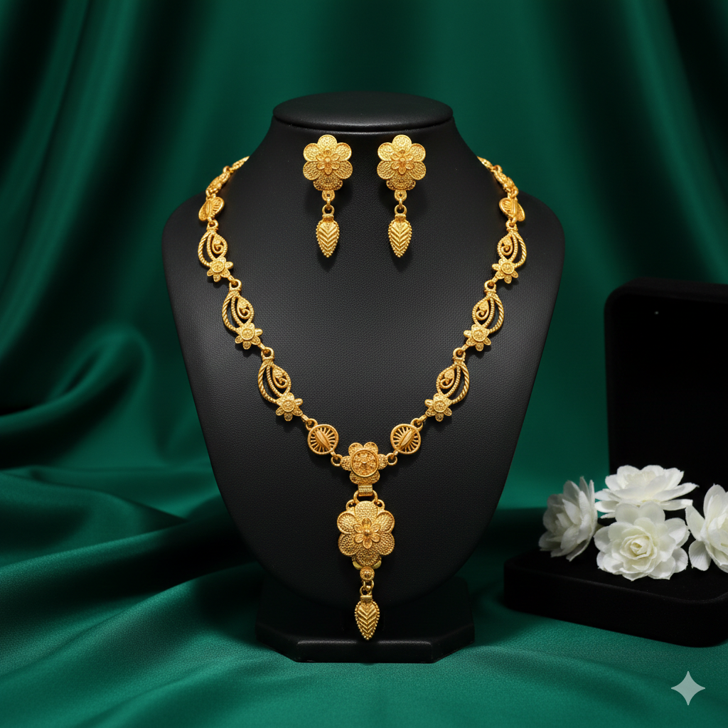 Gold Plated Link Har Necklace Set with Floral Drop & Earrings