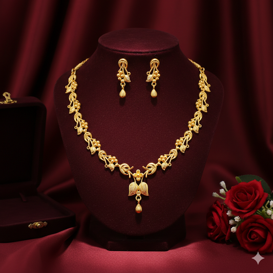 Gold Plated Loop Floral Har Necklace Set with Delicate Drop & Earrings