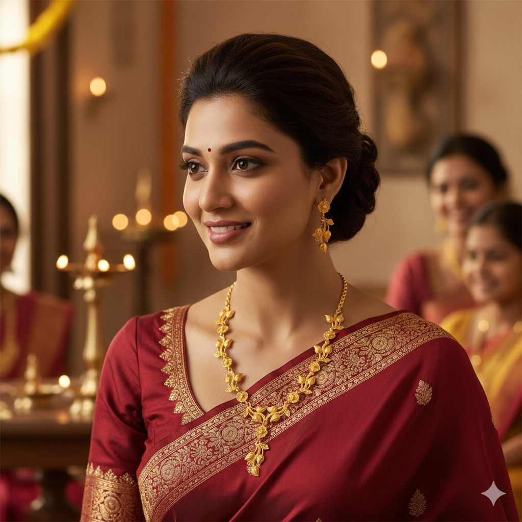 Gold Plated Floral Har Necklace Set with Matching Earrings – Traditional Indian Jewellery for Women