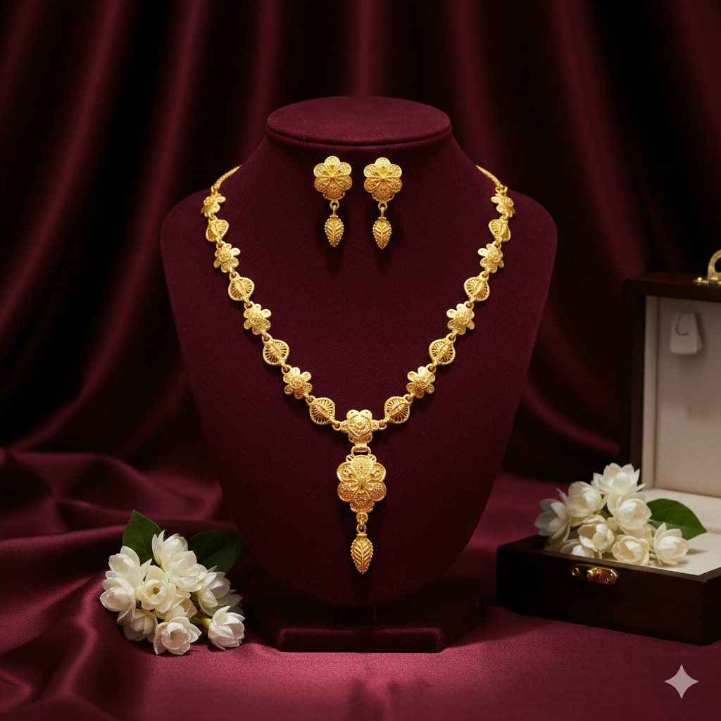 Gold Plated All-Floral Har Necklace Set with Elegant Drop & Earrings