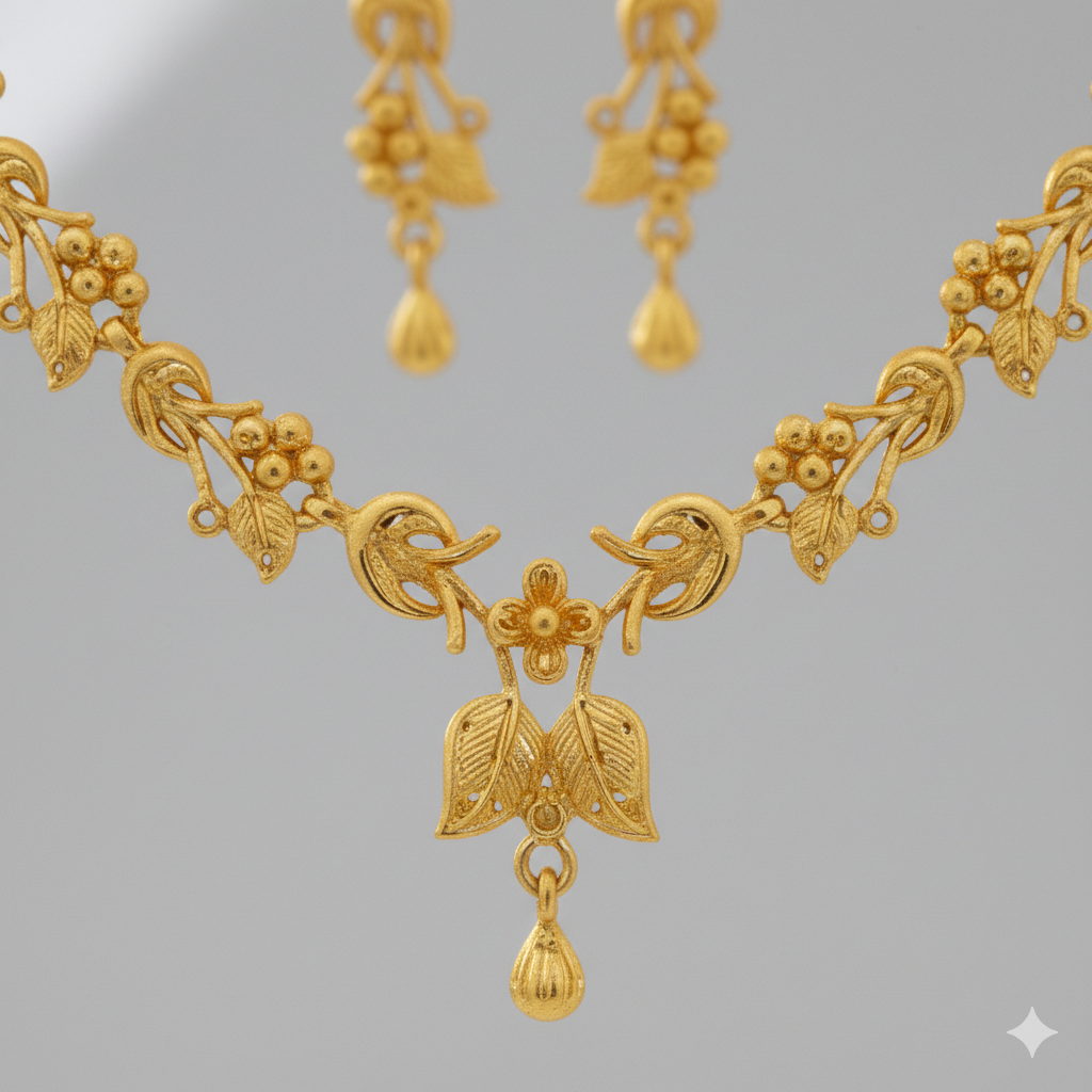Gold Plated Loop Floral Har Necklace Set with Delicate Drop & Earrings