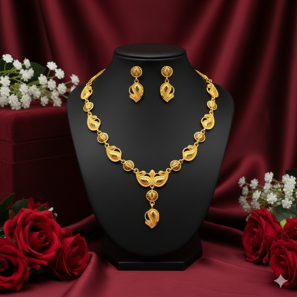 Gold Plated Leaf Motif Har Necklace Set with Drop Pendant & Earrings