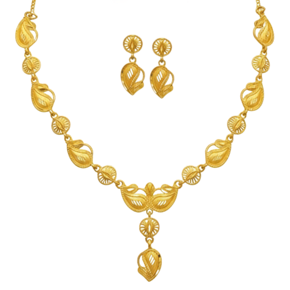 Gold Plated Leaf Motif Har Necklace Set with Drop Pendant & Earrings