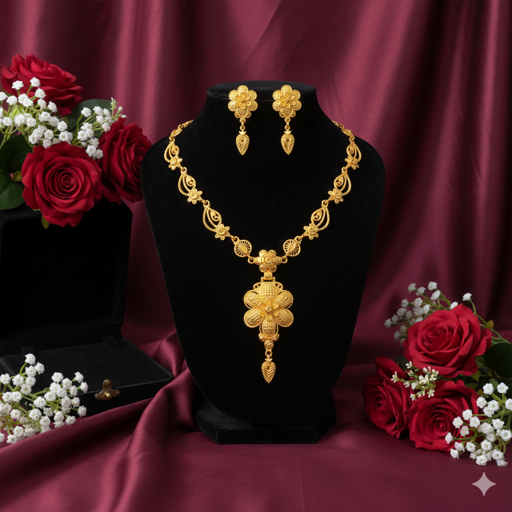 Traditional Gold Plated Har Set with Floral Drop Pendant & Earrings for Wedding Wear