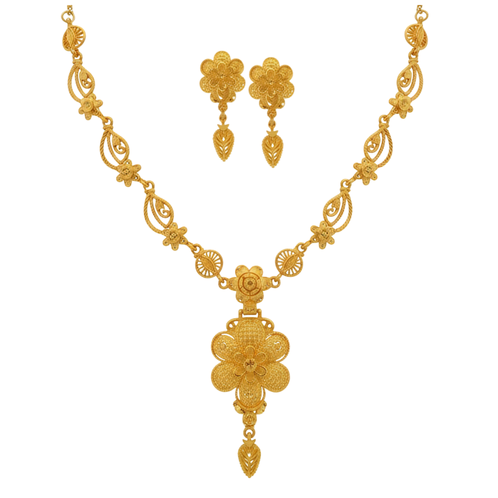 Traditional Gold Plated Har Set with Floral Drop Pendant & Earrings for Wedding Wear