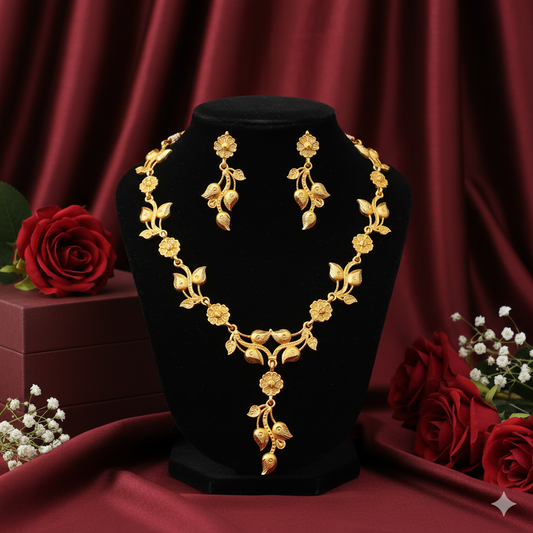 Gold Plated Floral Har Necklace Set with Matching Earrings – Traditional Indian Jewellery for Women