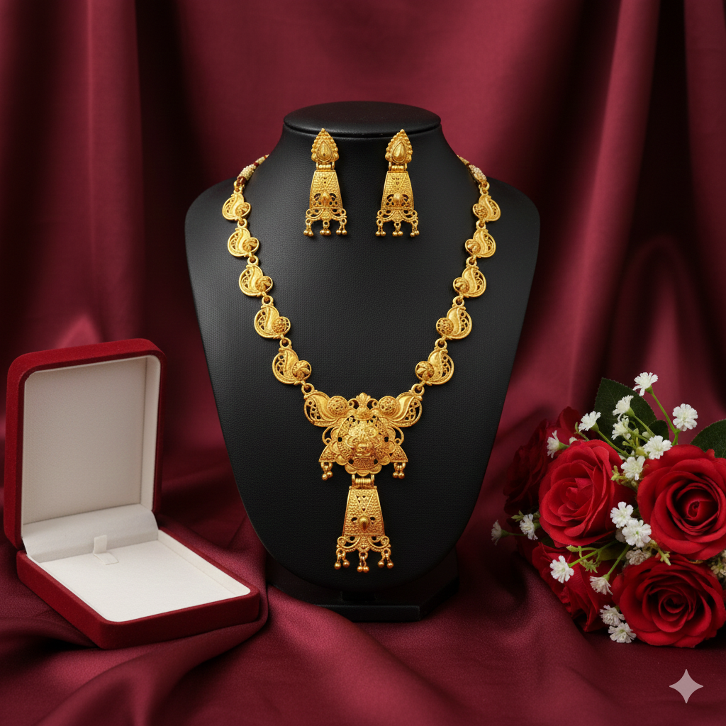 Antique-Style Gold Plated Har Necklace Set with Temple Motif & Earrings