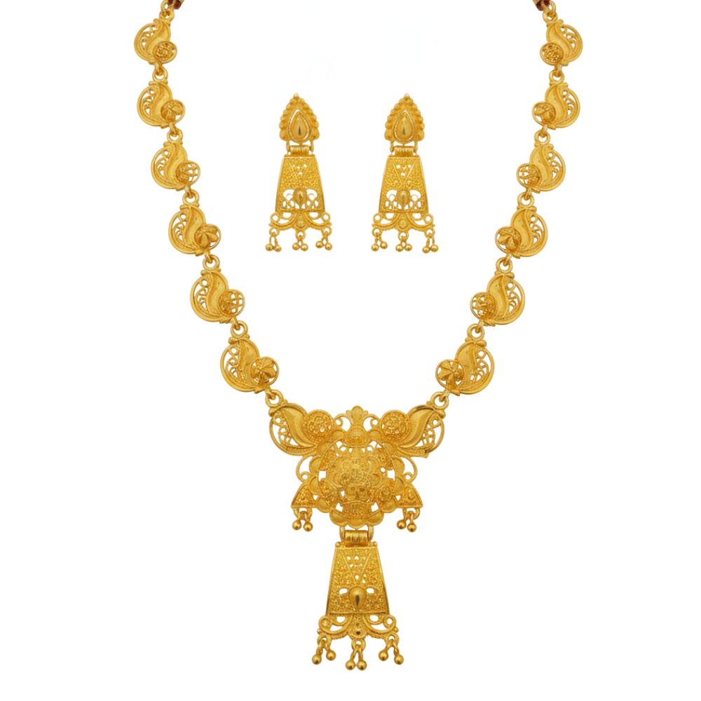 Antique-Style Gold Plated Har Necklace Set with Temple Motif & Earrings