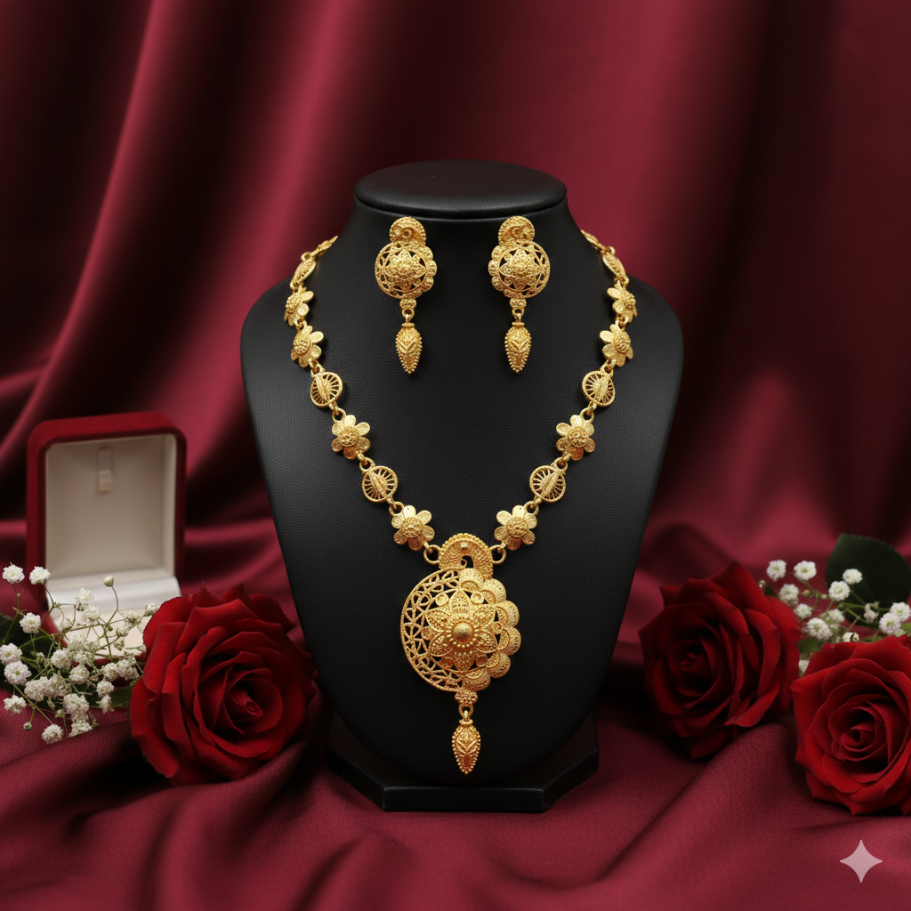 Gold Plated Floral Medallion Har Necklace Set with Earrings