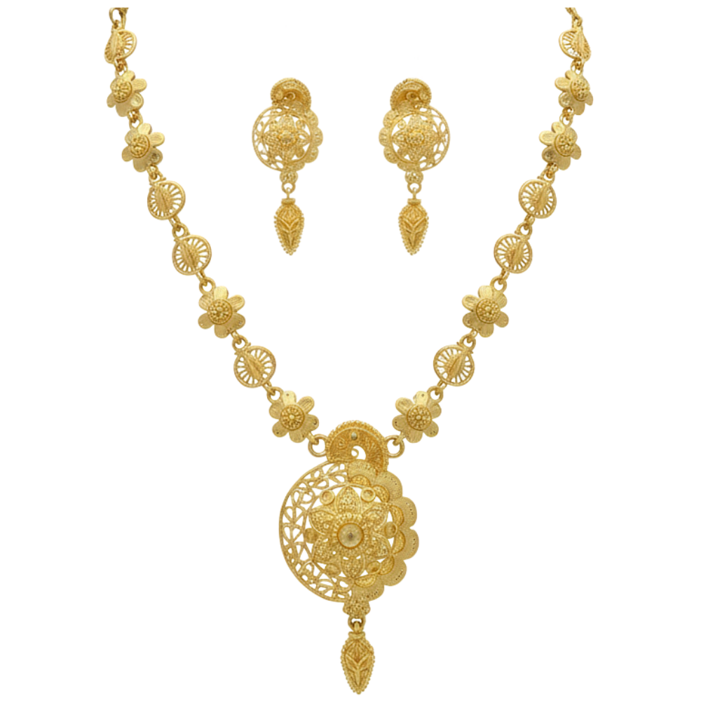 Gold Plated Floral Medallion Har Necklace Set with Earrings