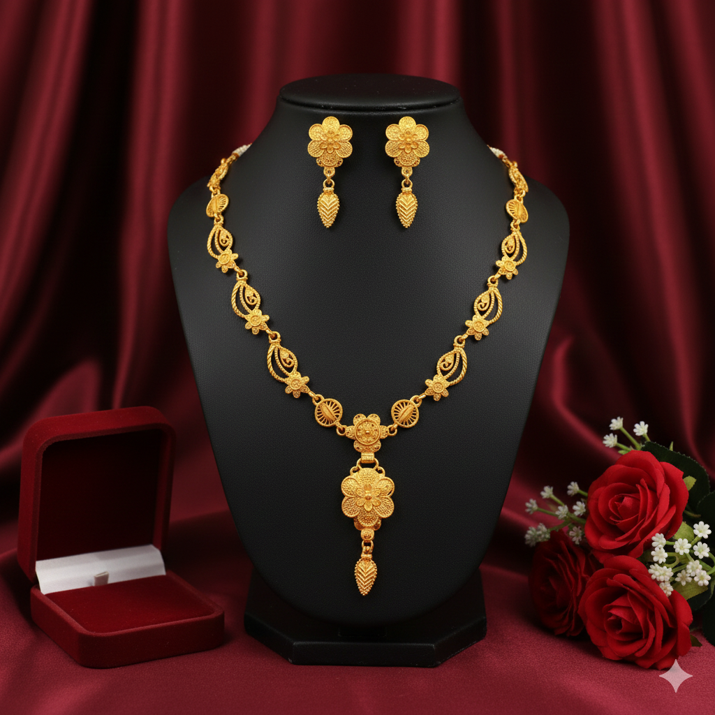 Gold Plated Link Har Necklace Set with Floral Drop & Earrings
