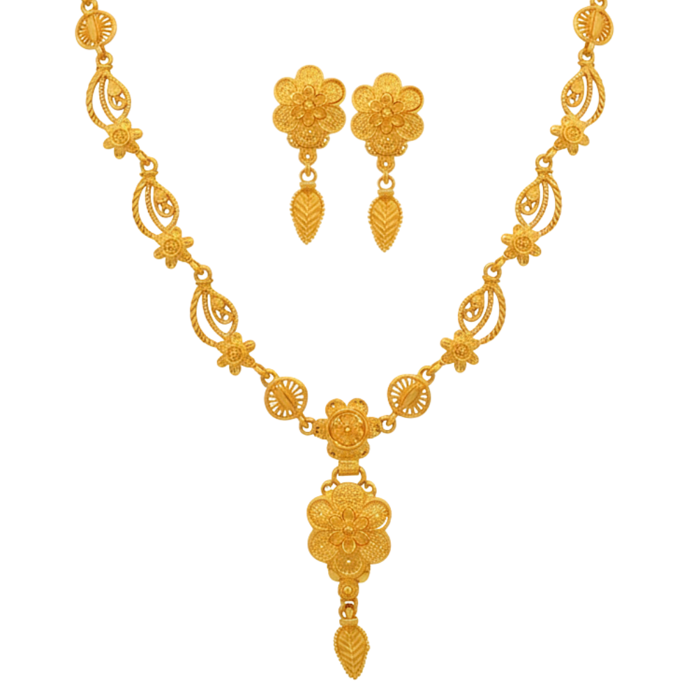 Gold Plated Link Har Necklace Set with Floral Drop & Earrings