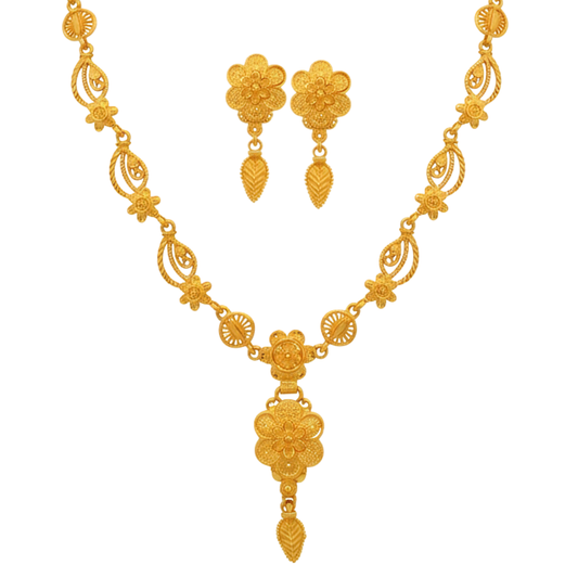 Gold Plated Link Har Necklace Set with Floral Drop & Earrings