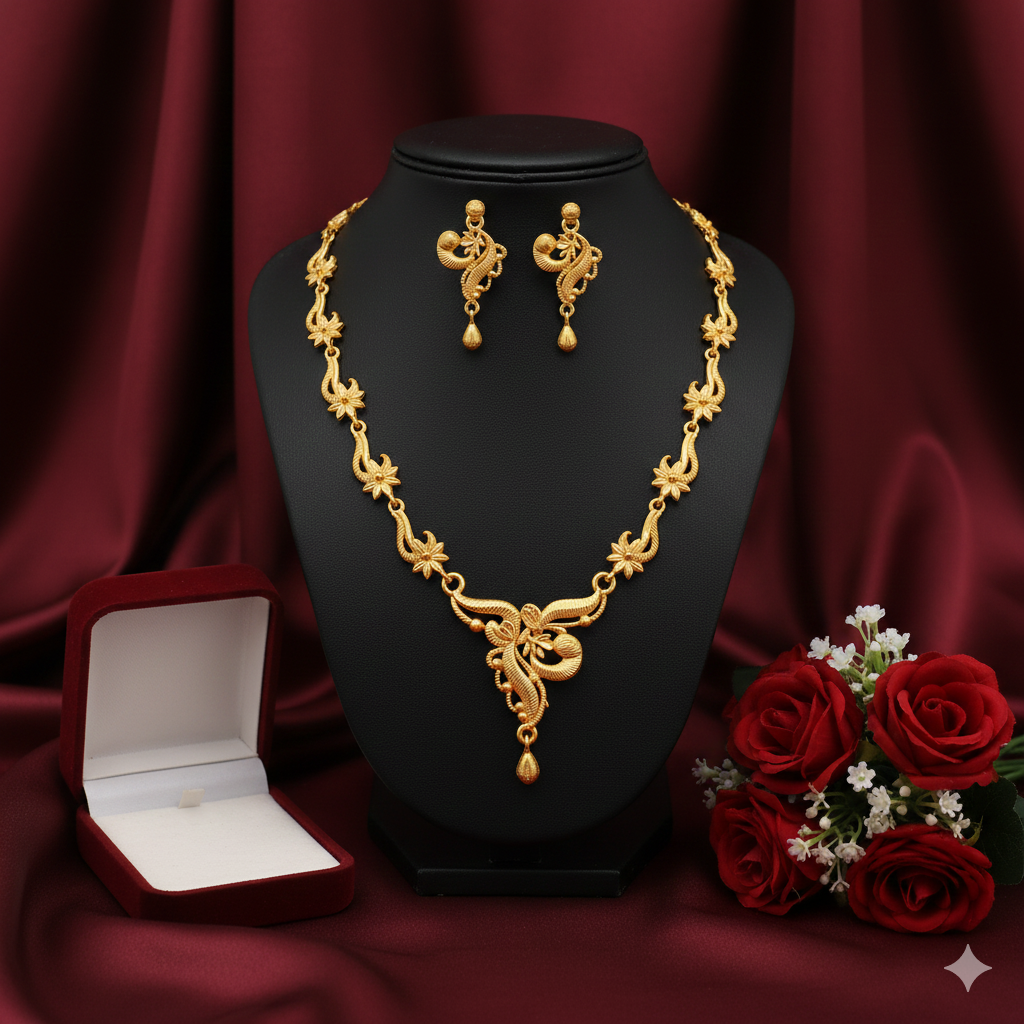 Gold Plated Floral Chain Har Necklace Set with Paisley Center Drop & Earrings