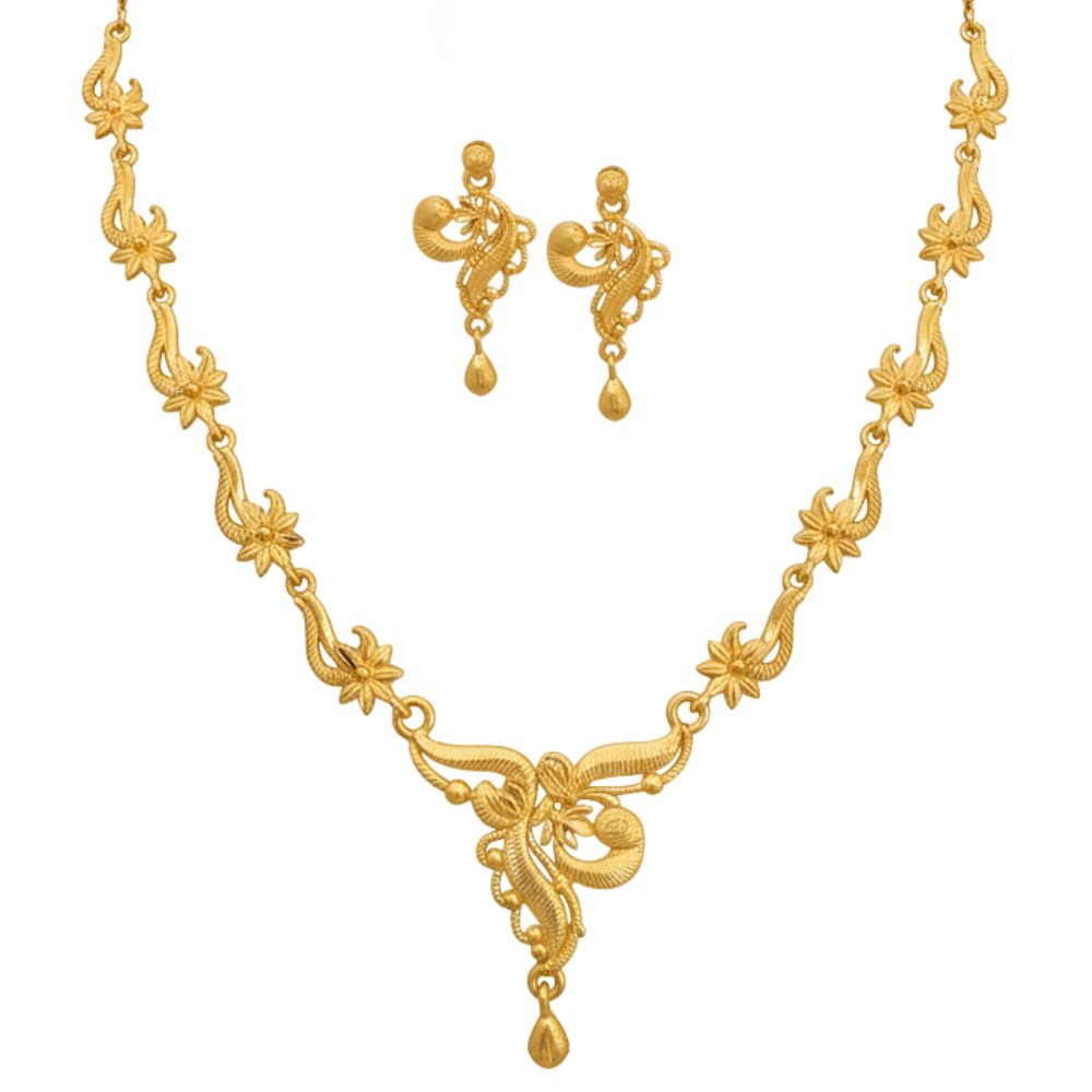 Gold Plated Floral Chain Har Necklace Set with Paisley Center Drop & Earrings