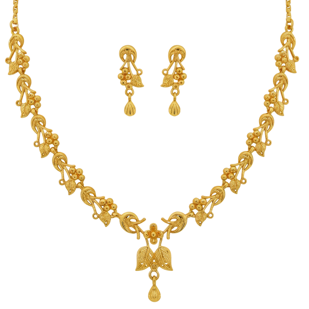 Gold Plated Loop Floral Har Necklace Set with Delicate Drop & Earrings