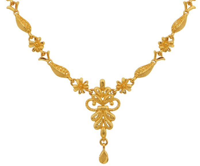 Gold Plated Leaf & Blossom Har Necklace Set with Graceful Center Drop and Earrings