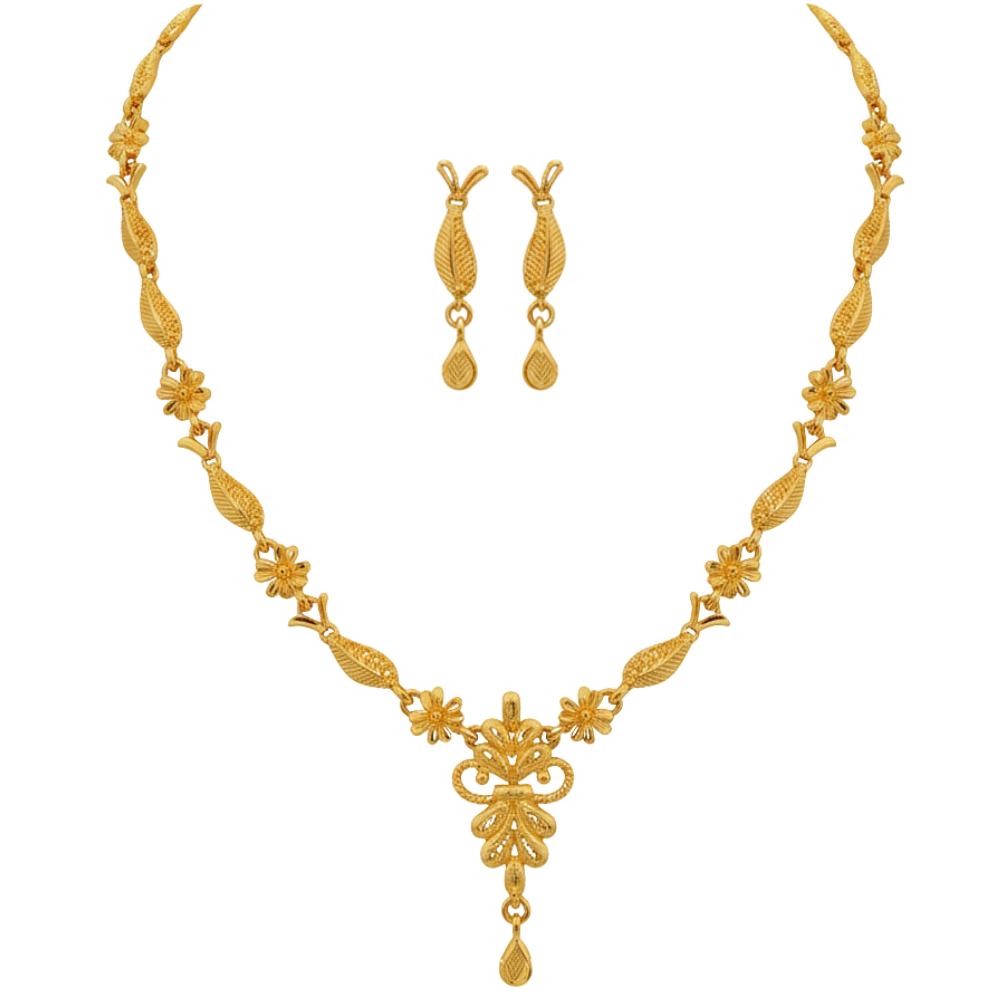 Gold Plated Leaf & Blossom Har Necklace Set with Graceful Center Drop and Earrings