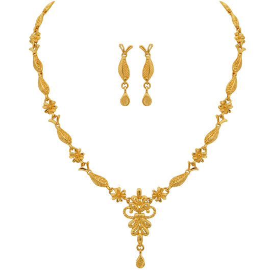Gold Plated Leaf & Blossom Har Necklace Set with Graceful Center Drop and Earrings