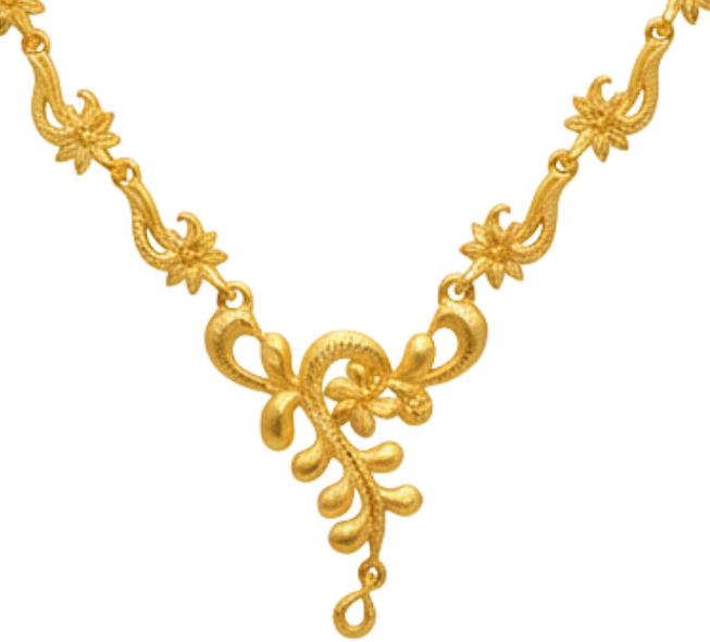 Gold Plated Vine Pattern Har Necklace Set with Sculpted Center Drop & Earrings