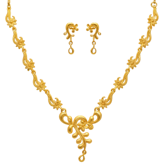 Gold Plated Vine Pattern Har Necklace Set with Sculpted Center Drop & Earrings