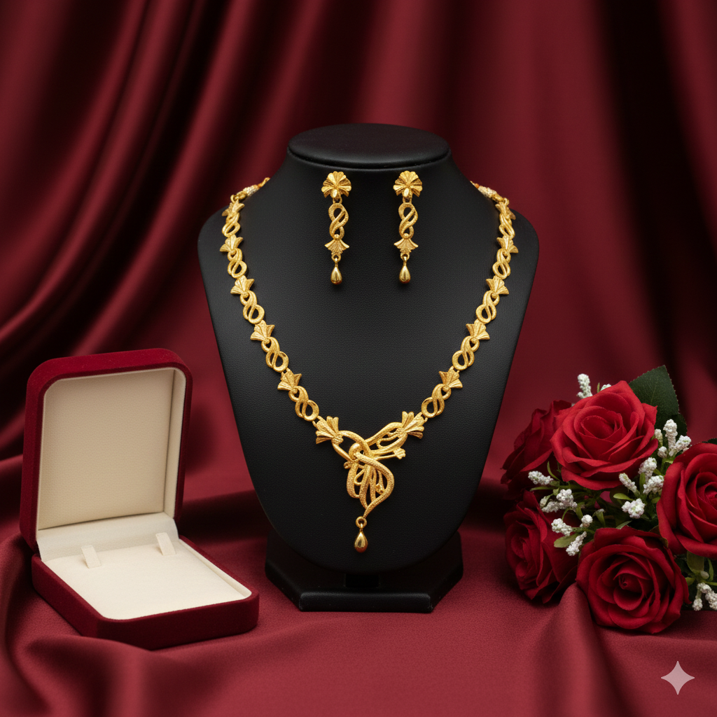 Gold Plated Interlink Har Necklace Set with Twisted Center Drop & Earrings