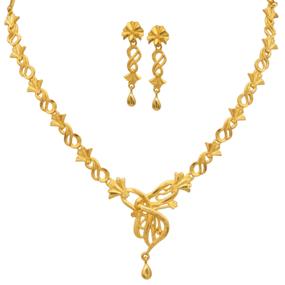 Gold Plated Interlink Har Necklace Set with Twisted Center Drop & Earrings