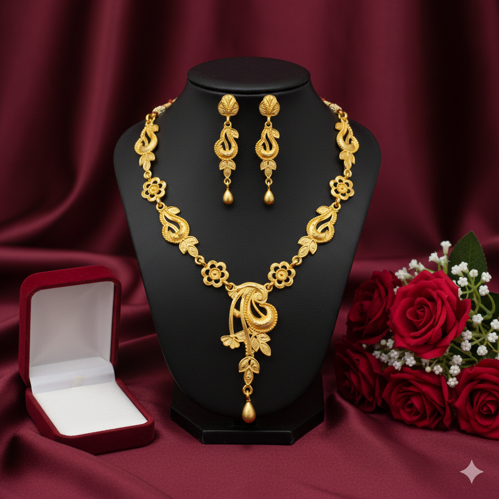 Gold Plated Paisley Floral Har Necklace Set with Cascading Center Drop & Earrings