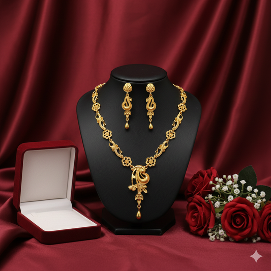 Gold Plated Paisley & Floral Har Necklace Set with Drop Pendant and Earrings