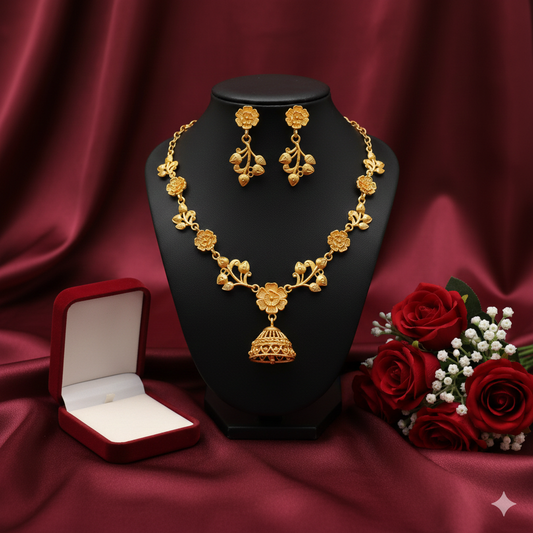 Gold Plated Floral Har Necklace Set with Traditional Jhumka Drop & Earrings