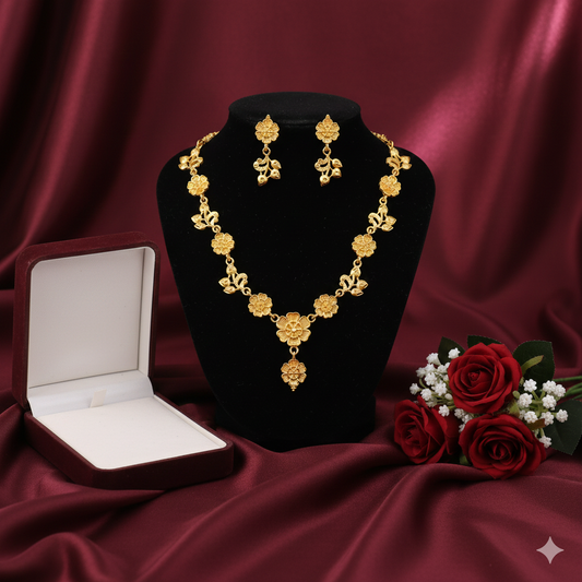Gold Plated Floral Motif Har Necklace Set with Elegant Drop & Earrings